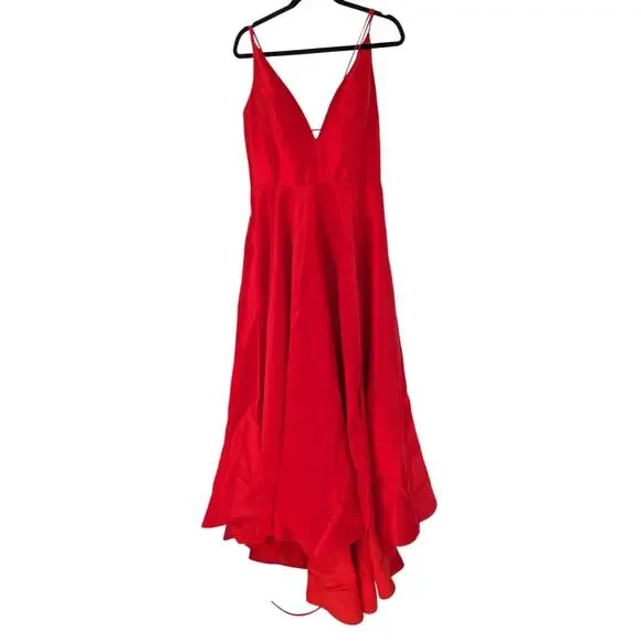Sherri Hill Red Satin A-Line Gown Size 16 – Deep V Neck, Leg Slit, Lace-Up